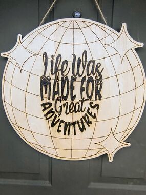 Hand Crafted Natural Wood Globe Sign with Black Lettering
